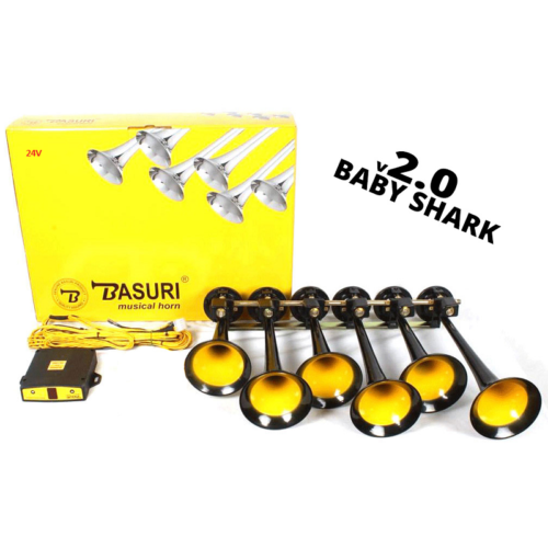 Basuri Baby Shark 2.0 air horn for 24v use - 130DB loud horn that can only be used with a compressor on, for example, your truck, tractor, camper or other type of vehicle with 24v connection