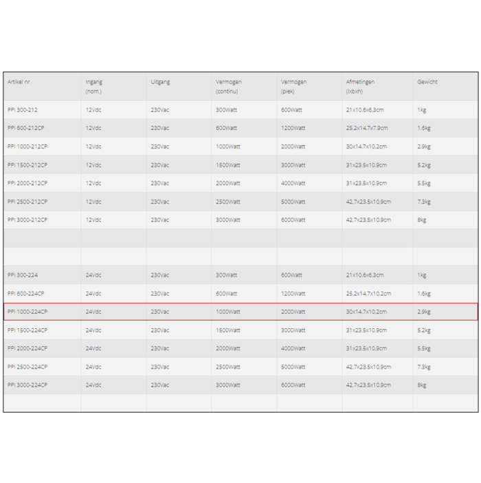 Specificaties van de Xenteq PPI 1000-224CP omvormer 24V